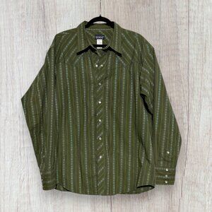 Patagonia Mens Organic Cotton Western Pearl Snap Shirt Green Striped Button Up L